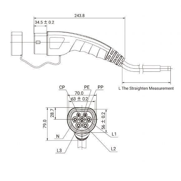 AC Type 2 Electric Vehicle Charging EV Plug, 1/3 phase,16/32A, ECO - EU-A02